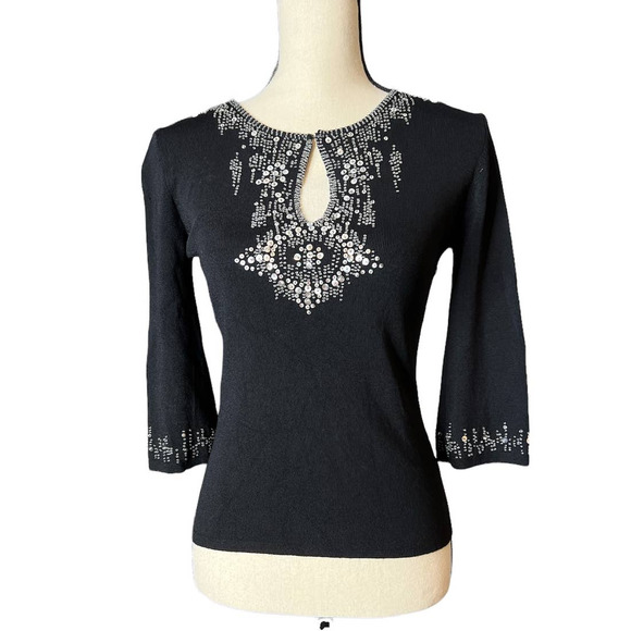 Joseph A Black Sweater with Sequins and Beads and Three Quarter Sleeves Size SP - Picture 1 of 5